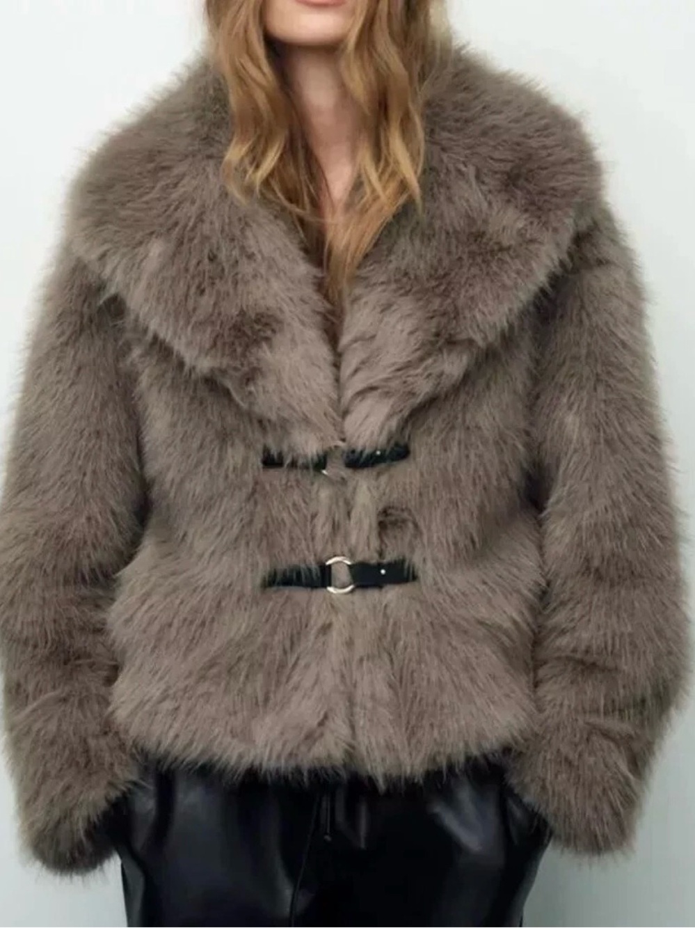 Taupe Faux Fur Toggle Jacket for Women